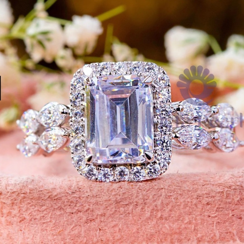 Emerald & Marquise CZ Stone Halo Double Band Ring
Size 7 white gold